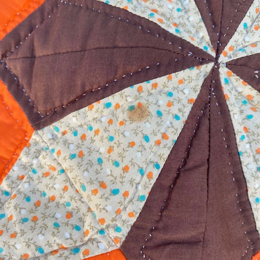 Vintage Handmade Patchwork Quilt Star‎ Geometric Orange Brown Calico 70s Retro - Picture 7 of 15
